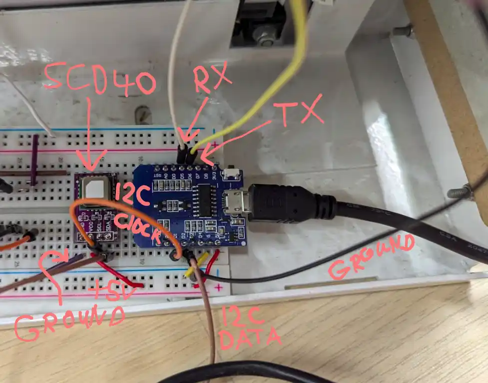 picture of ESP microcontroller with many cables plugged into it